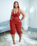 Plus Size Solid Tank Top Calf Length Pants 2 Piece Sets TK-6239