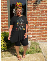 Plus Size QUEEN Letter Print Two Piece Shorts Sets WAF-7416114
