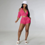 Solid Hooded Backless Ruched Sleeve Two Piece Sets YIM-258