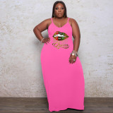 Plus Size Lip Print Strap Loose Maxi Dress WAF-7208176