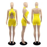 Solid Halter Backless Hollow Out Romper DDF-88164