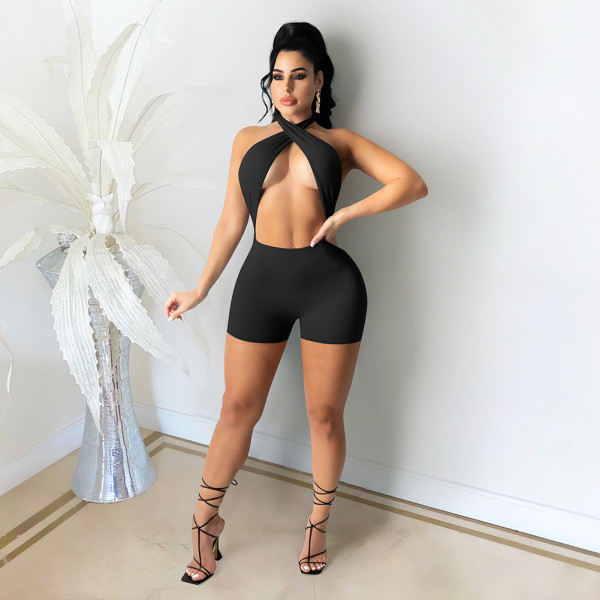 Solid Halter Backless Hollow Out Romper DDF-88164