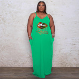 Plus Size Lip Print Strap Loose Maxi Dress WAF-7208176