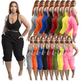Plus Size Solid Tank Top Calf Length Pants 2 Piece Sets TK-6239