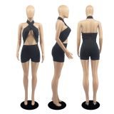 Solid Halter Backless Hollow Out Romper DDF-88164