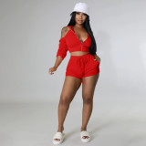 Solid Hooded Backless Ruched Sleeve Two Piece Sets YIM-258