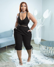 Plus Size Solid Tank Top Calf Length Pants 2 Piece Sets TK-6239