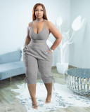 Plus Size Solid Tank Top Calf Length Pants 2 Piece Sets TK-6239