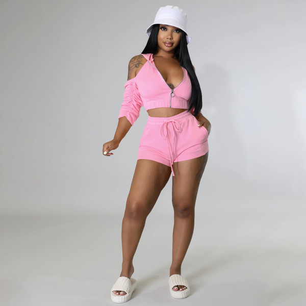 Solid Hooded Backless Ruched Sleeve Two Piece Sets YIM-258