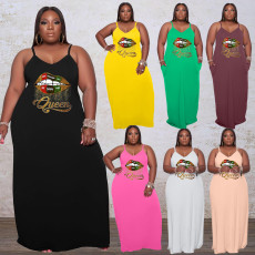 Plus Size Lip Print Strap Loose Maxi Dress WAF-7208176