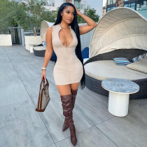 Solid Ribbed Sleeveless Zipper Slim Mini Dress YIM-257