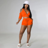 Solid Hooded Backless Ruched Sleeve Two Piece Sets YIM-258