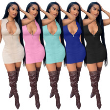 Solid Ribbed Sleeveless Zipper Slim Mini Dress YIM-257