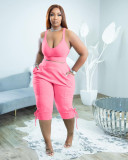 Plus Size Solid Tank Top Calf Length Pants 2 Piece Sets TK-6239
