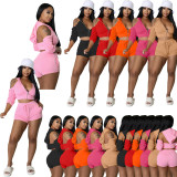 Solid Hooded Backless Ruched Sleeve Two Piece Sets YIM-258