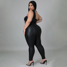 Plus Size Black PU Leather Two Piece Pants Sets NNWF-7338