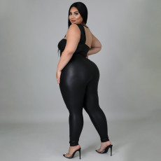 Plus Size Black PU Leather Two Piece Pants Sets NNWF-7338