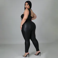 Plus Size Black PU Leather Two Piece Pants Sets NNWF-7338