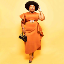Plus Size Solid One Shoulder Ruffled Dress (Without Belt)NNWF-7434