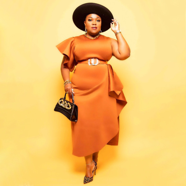 Plus Size Solid One Shoulder Ruffled Dress (Without Belt)NNWF-7434