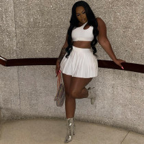 Plus Size Solid Tank Top Pleated Mini Skirt 2 Piece Sets MEI-9255