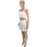 Plus Size Solid Tank Top Pleated Mini Skirt 2 Piece Sets MEI-9255