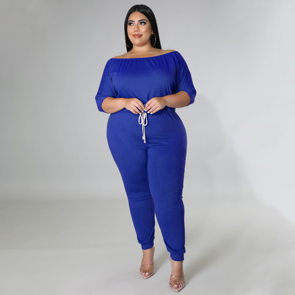 Plus Size Solid High Waist Drawstring Jumpsuit NNWF-7483