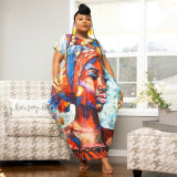 Plus Size Printed Short Sleeve Pockets Loose Maxi Dress NNWF-7514