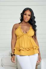 Sexy Ruffled V Neck Cross Strap Top CM-8608