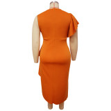 Plus Size Solid One Shoulder Ruffled Dress (Without Belt)NNWF-7434