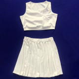 Plus Size Solid Tank Top Pleated Mini Skirt 2 Piece Sets MEI-9255