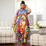 Plus Size Printed Short Sleeve Pockets Loose Maxi Dress NNWF-7514