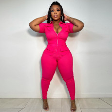 Plus Size Solid Short Sleeve Pocket Zipper Jumpsuit YNSF-1812