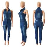 Denim Ripped Sleeveless Jeans Jumpsuit LX-6923