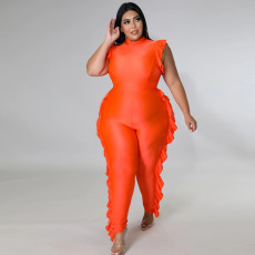 Plus Size Solid Ruffled Sleeveless Jumpsuit ONY-7005