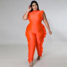Plus Size Solid Ruffled Sleeveless Jumpsuit ONY-7005