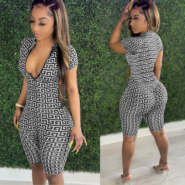 Casual Printed Short Sleeve Zipper Romper NK-8613