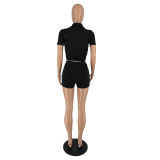Solid Color Casual Zip Short Sleeve Top Shorts Two Piece Set IV-8303