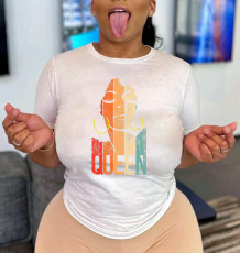 Queen Letter Print O Neck Short Sleeve T Shirt WAF-9000226