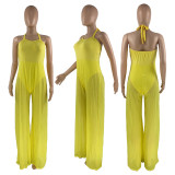 Solid Mesh Splice Lace-Up Halter Jumpsuit CH-8166
