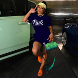 Plus Size Pink Letter Print T Shirt And Shorts 2 Piece Sets MEI-9256
