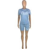 Plus Size Pink Letter Print T Shirt And Shorts 2 Piece Sets MEI-9256