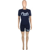Plus Size Pink Letter Print T Shirt And Shorts 2 Piece Sets MEI-9256