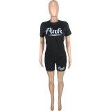 Plus Size Pink Letter Print T Shirt And Shorts 2 Piece Sets MEI-9256