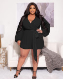 Plus Size Chiffon Long Sleeve V Neck Sashes Romper MOF-6692