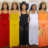 Solid Mesh Splice Lace-Up Halter Jumpsuit CH-8166