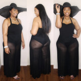 Solid Mesh Splice Lace-Up Halter Jumpsuit CH-8166