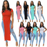 Solid Short Sleeve High Split Long Style T Shirt YH-5257