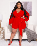 Plus Size Chiffon Long Sleeve V Neck Sashes Romper MOF-6692