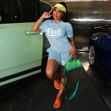 Plus Size Pink Letter Print T Shirt And Shorts 2 Piece Sets MEI-9256